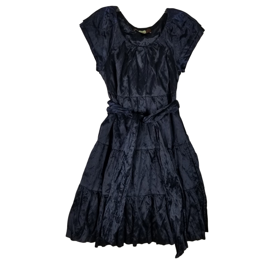 Eva Franco Dress Womens 4 Navy Blue Metallic Tiered Fit Flare Cap Sleeve 301